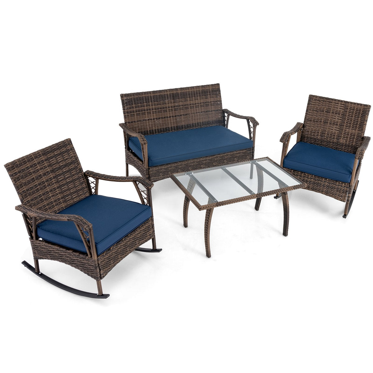 4 Piece Wicker Patio Rocking Chair Set with Loveseat, Bungee Seats and Glass Table, Navy