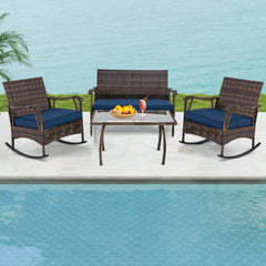 4 Piece Wicker Patio Rocking Chair Set with Loveseat, Bungee Seats and Glass Table, Navy