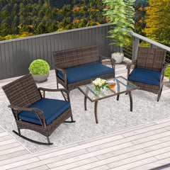 4 Piece Wicker Patio Rocking Chair Set with Loveseat, Bungee Seats and Glass Table, Navy
