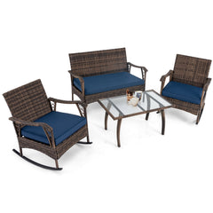 4 Piece Wicker Patio Rocking Chair Set with Loveseat, Bungee Seats and Glass Table, Navy