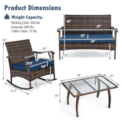 4 Piece Wicker Patio Rocking Chair Set with Loveseat, Bungee Seats and Glass Table, Navy