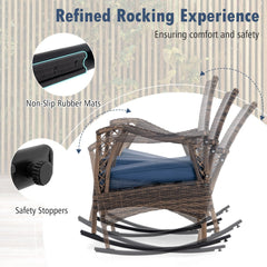 4 Piece Wicker Patio Rocking Chair Set with Loveseat, Bungee Seats and Glass Table, Navy