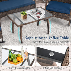 4 Piece Wicker Patio Rocking Chair Set with Loveseat, Bungee Seats and Glass Table, Navy