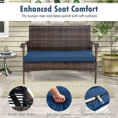 4 Piece Wicker Patio Rocking Chair Set with Loveseat, Bungee Seats and Glass Table, Navy