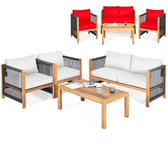 4 Piece Acacia Wood and Rope Outdoor Patio Set, 52 in Loveseat, 2 Armchairs, 40 in Slatted Table and 2 Sets of Cushion Covers, Cream and Red