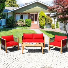 4 Piece Acacia Wood and Rope Outdoor Patio Set, 52 in Loveseat, 2 Armchairs, 40 in Slatted Table and 2 Sets of Cushion Covers, Cream and Red
