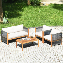 4 Piece Acacia Wood and Rope Outdoor Patio Set, 52 in Loveseat, 2 Armchairs, 40 in Slatted Table and 2 Sets of Cushion Covers, Cream and Red