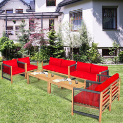 4 Piece Acacia Wood and Rope Outdoor Patio Set, 52 in Loveseat, 2 Armchairs, 40 in Slatted Table and 2 Sets of Cushion Covers, Cream and Red