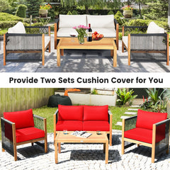 4 Piece Acacia Wood and Rope Outdoor Patio Set, 52 in Loveseat, 2 Armchairs, 40 in Slatted Table and 2 Sets of Cushion Covers, Cream and Red