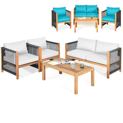 4 Piece Acacia Wood and Rope Outdoor Patio Set, 52 in Loveseat, 2 Armchairs, 40 in Slatted Table and 2 Sets of Cushion Covers, Cream and Turquoise