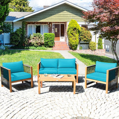 4 Piece Acacia Wood and Rope Outdoor Patio Set, 52 in Loveseat, 2 Armchairs, 40 in Slatted Table and 2 Sets of Cushion Covers, Cream and Turquoise
