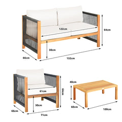 4 Piece Acacia Wood and Rope Outdoor Patio Set, 52 in Loveseat, 2 Armchairs, 40 in Slatted Table and 2 Sets of Cushion Covers, Cream and Turquoise