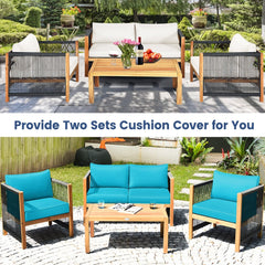 4 Piece Acacia Wood and Rope Outdoor Patio Set, 52 in Loveseat, 2 Armchairs, 40 in Slatted Table and 2 Sets of Cushion Covers, Cream and Turquoise