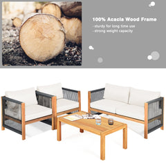 4 Piece Acacia Wood and Rope Outdoor Patio Set, 52 in Loveseat, 2 Armchairs, 40 in Slatted Table and 2 Sets of Cushion Covers, Cream and Turquoise