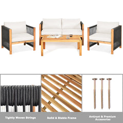 4 Piece Acacia Wood and Rope Outdoor Patio Set, 52 in Loveseat, 2 Armchairs, 40 in Slatted Table and 2 Sets of Cushion Covers, Cream and Turquoise