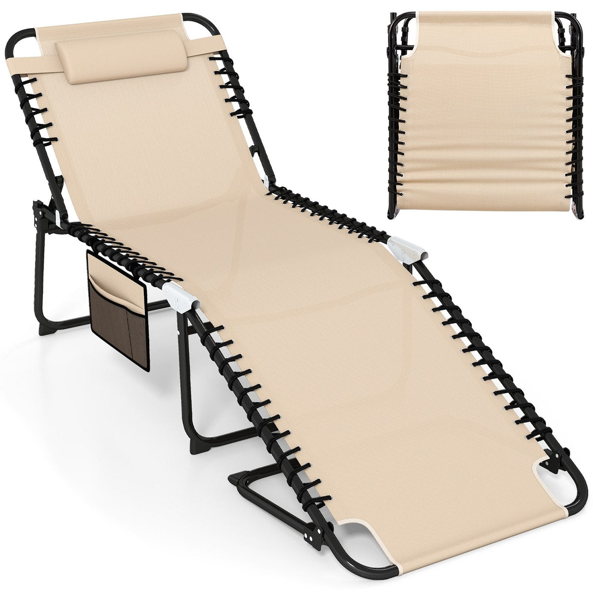4 Position Folding Lounge Chaise with Adjustable Backrest and Footrest-Beige