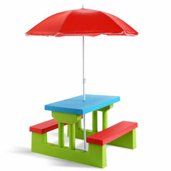Kids Picnic Table and Bench Set with Removable Umbrella, 4 Seats, Blue and Green