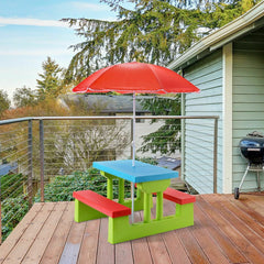 Kids Picnic Table and Bench Set with Removable Umbrella, 4 Seats, Blue and Green