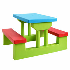 Kids Picnic Table and Bench Set with Removable Umbrella, 4 Seats, Blue and Green