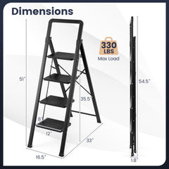 4 Step Black Folding Step Stool with Wide Anti-slip Pedals