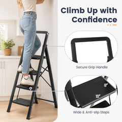 4 Step Black Folding Step Stool with Wide Anti-slip Pedals