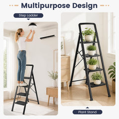 4 Step Black Folding Step Stool with Wide Anti-slip Pedals