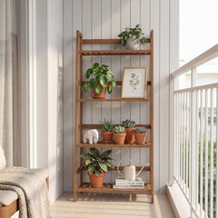 4-Tier Bamboo Plant Rack with Guardrails Stable and Space-Saving-Walnut