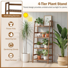 4-Tier Bamboo Plant Rack with Guardrails Stable and Space-Saving-Walnut