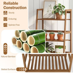 4-Tier Bamboo Plant Rack with Guardrails Stable and Space-Saving-Walnut