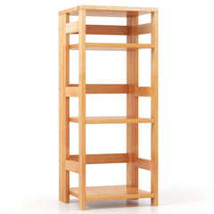 4 Tier Rubber Wood Bookshelf with Side Fences, Natural Open Bookcase for Living Room