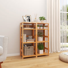 4 Tier Rubber Wood Bookshelf with Side Fences, Natural Open Bookcase for Living Room