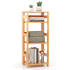 4 Tier Rubber Wood Bookshelf with Side Fences, Natural Open Bookcase for Living Room