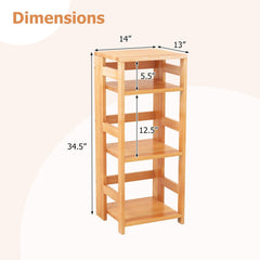 4 Tier Rubber Wood Bookshelf with Side Fences, Natural Open Bookcase for Living Room