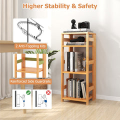 4 Tier Rubber Wood Bookshelf with Side Fences, Natural Open Bookcase for Living Room