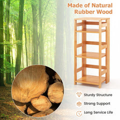 4 Tier Rubber Wood Bookshelf with Side Fences, Natural Open Bookcase for Living Room