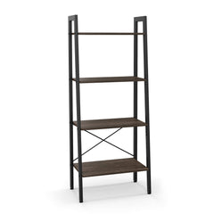 4 Tier Ladder Bookshelf with Metal Frame and Adjustable Foot Pads, Grey Oak