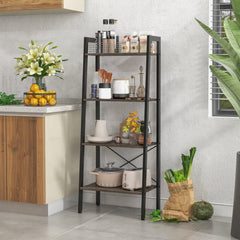 4 Tier Ladder Bookshelf with Metal Frame and Adjustable Foot Pads, Grey Oak