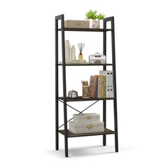 4 Tier Ladder Bookshelf with Metal Frame and Adjustable Foot Pads, Grey Oak