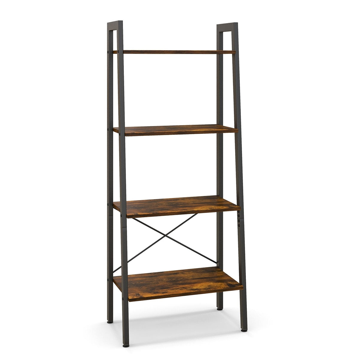 4 Tier Ladder Bookshelf with Metal Frame and Adjustable Foot Pads, Rustic Brown