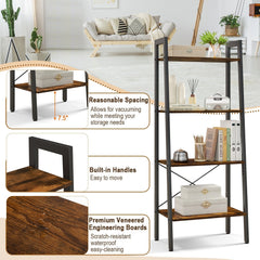 4 Tier Ladder Bookshelf with Metal Frame and Adjustable Foot Pads, Rustic Brown