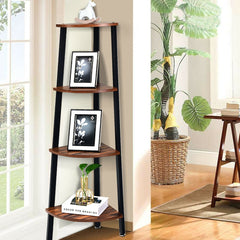 4 Tier Corner Shelf, Slim Wood and Metal Corner Bookcase for Small Spaces