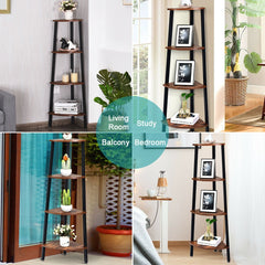 4 Tier Corner Shelf, Slim Wood and Metal Corner Bookcase for Small Spaces