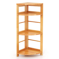 4 Tier Corner Shelf with Rubber Wood Frame, Natural Corner Bookcase with Side Fences
