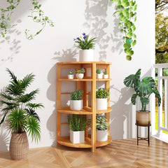 4 Tier Corner Shelf with Rubber Wood Frame, Natural Corner Bookcase with Side Fences