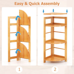 4 Tier Corner Shelf with Rubber Wood Frame, Natural Corner Bookcase with Side Fences