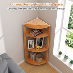 4 Tier Corner Shelf with Rubber Wood Frame, Natural Corner Bookcase with Side Fences