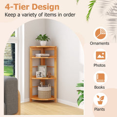 4 Tier Corner Shelf with Rubber Wood Frame, Natural Corner Bookcase with Side Fences