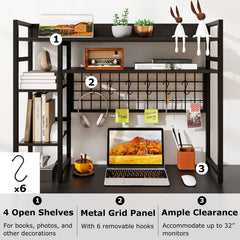 4-Tier Desk Shelf Desktop Display Rack with Metal Grid Panel and 6 Hooks-Black