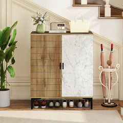 4 Tier Farmhouse Shoe Storage Cabinet with Removable Shelves and Metal Legs-Oak