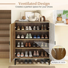 4 Tier Farmhouse Shoe Storage Cabinet with Removable Shelves and Metal Legs-Oak
